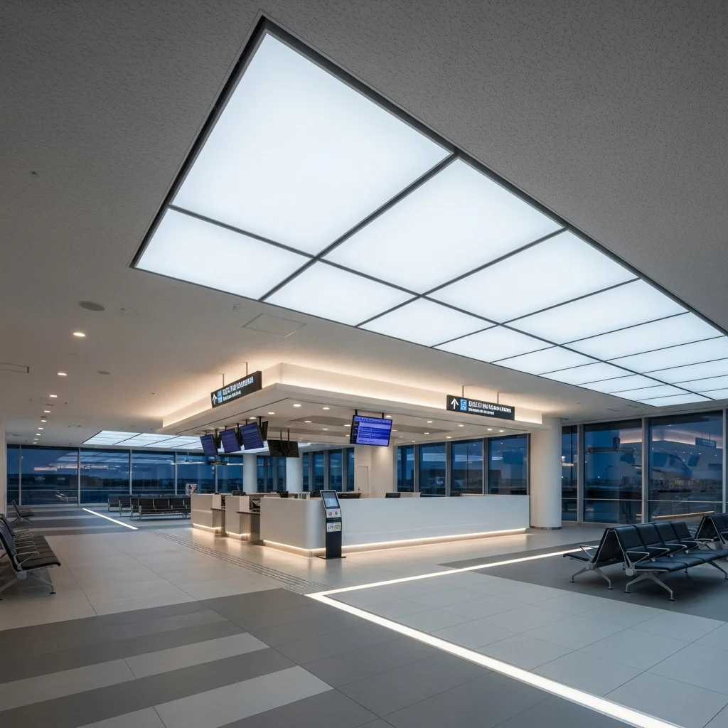 空港ラウンジLED照明で快適滞在とVIP演出を両立｜Ra95・調光対応・年間96万円削減事例
