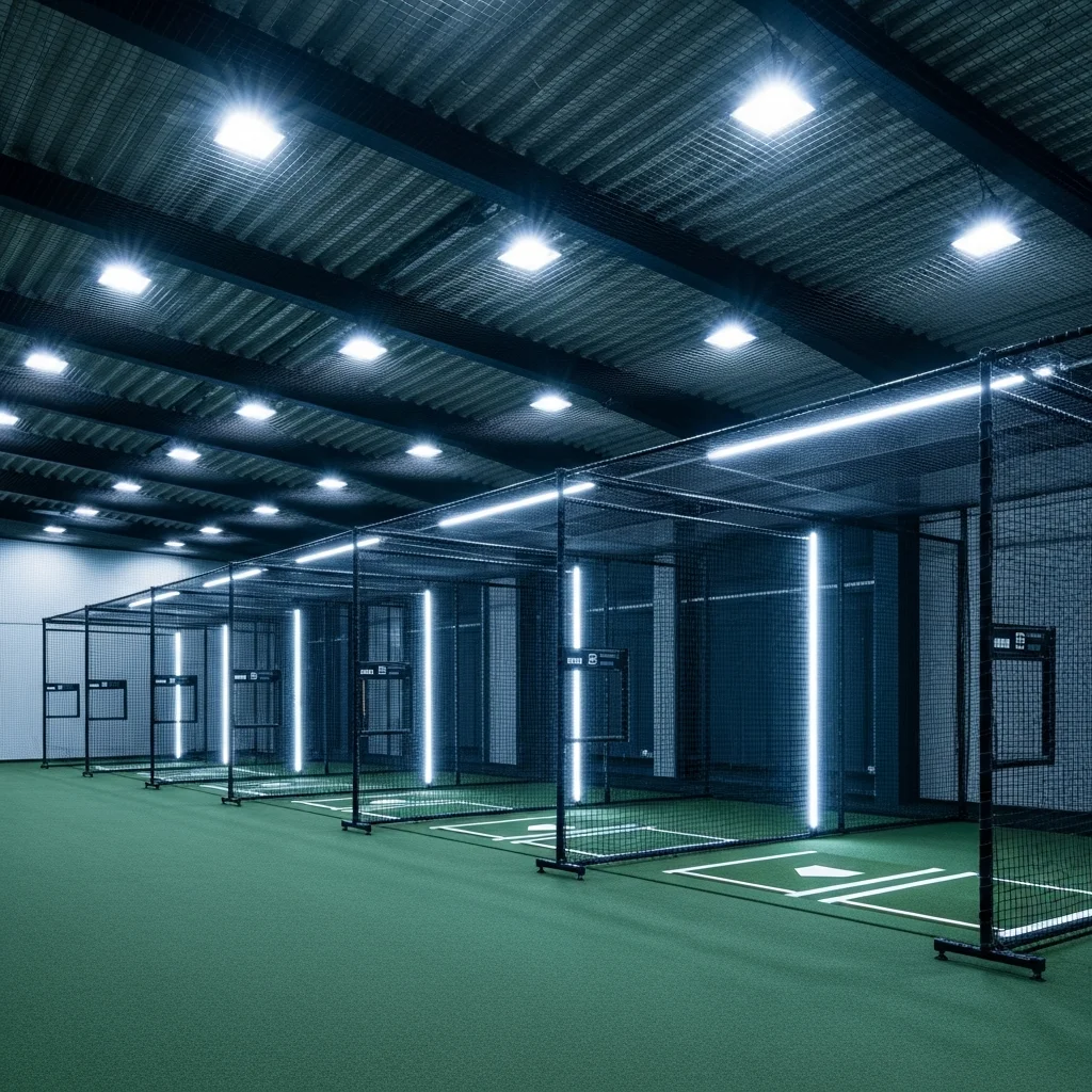 バッティングセンター LED照明施工事例｜高天井HID換装・フリッカーレス・55%省エネ・年間48万円削減・投資回収3.1年