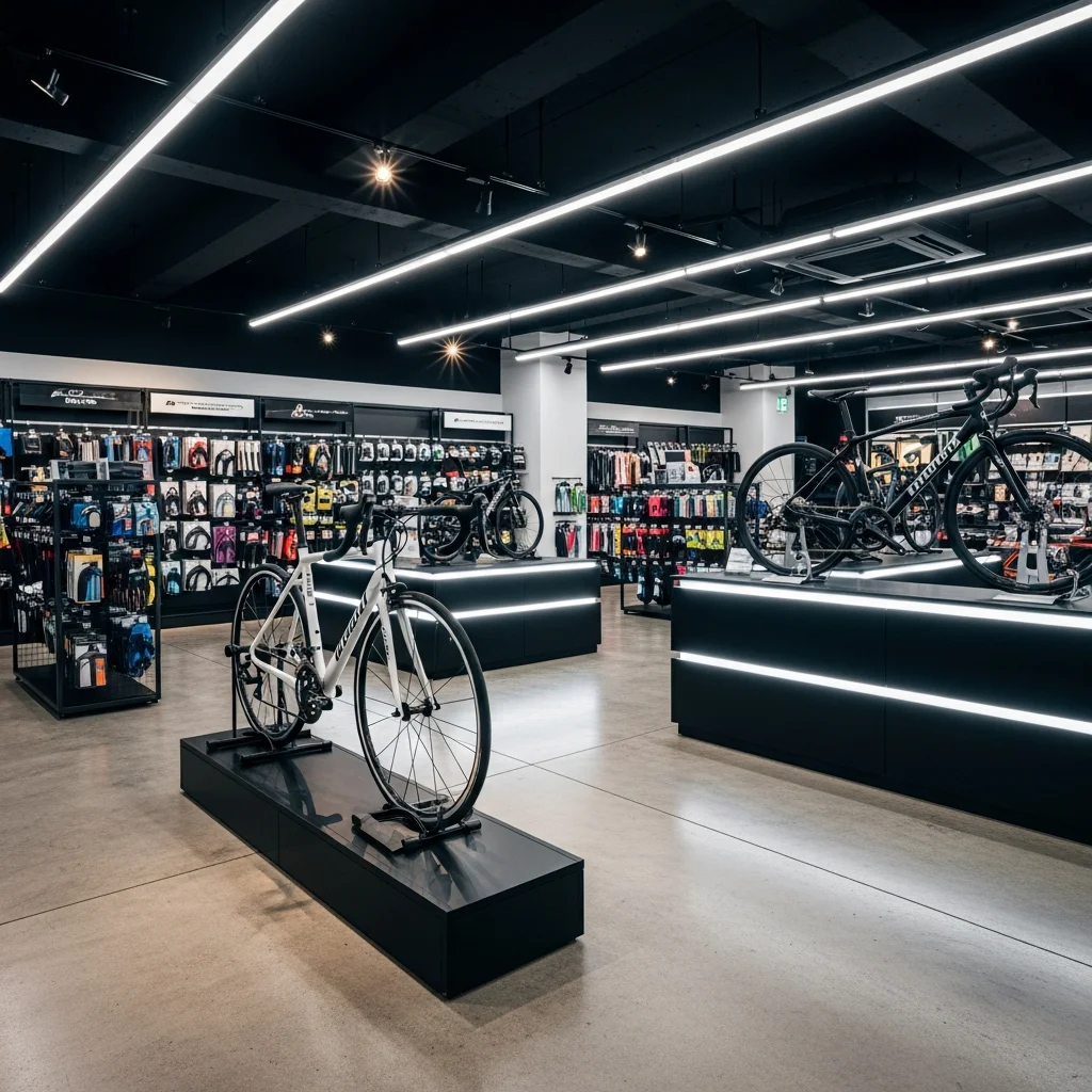 自転車専門店・サイクルショップ LED照明施工事例｜店頭展示・整備室 4ゾーン対応・43%省エネ・年間56万円削減・回収2.1年