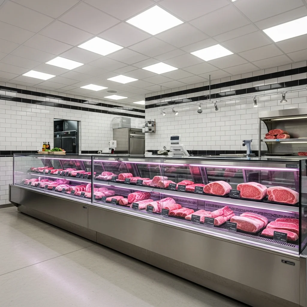 精肉店・食肉加工センター LED照明施工事例｜Ra95・食品衛生法適合・防水IP65・低温耐性・46%省エネ
