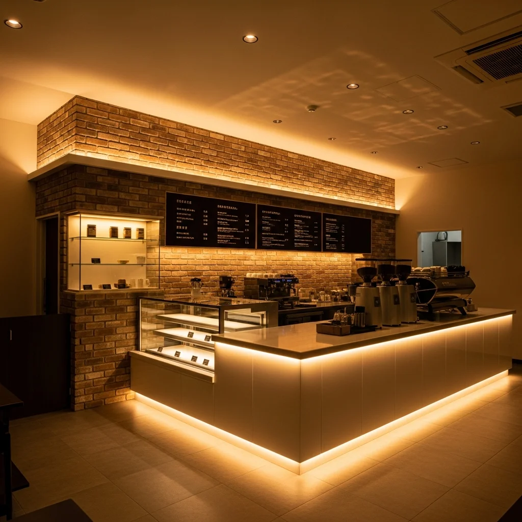 カフェ・飲食店のカウンター間接照明 施工事例｜COB2700K Ra90・3ゾーン調光・電源設計