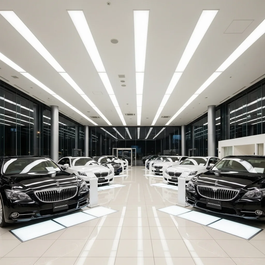 カーディーラー・自動車販売店 LED照明施工事例｜5000K/Ra95高演色でボディカラー正確再現・電力46%削減