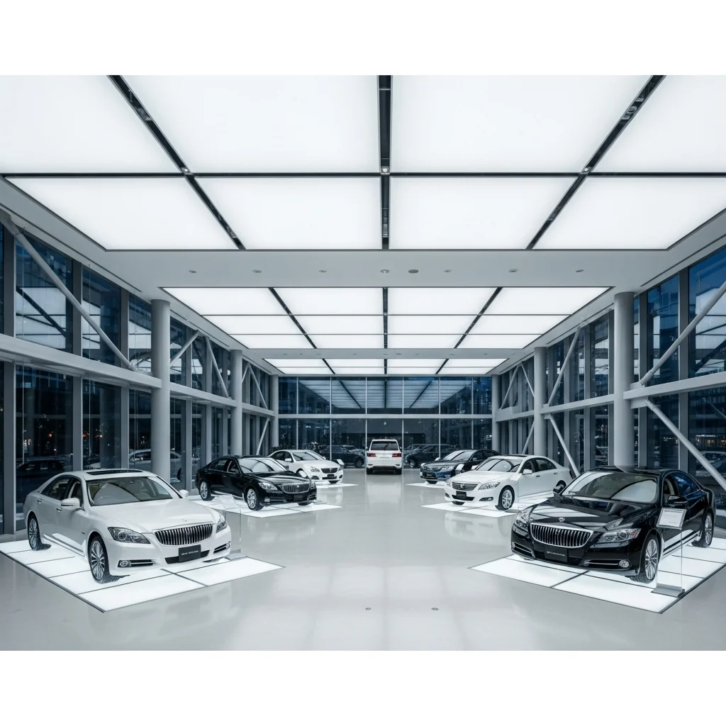 カーディーラー・自動車ショールーム LED照明施工事例｜Ra95・調光・47%省エネ・年間43万円削減・投資回収3.4年