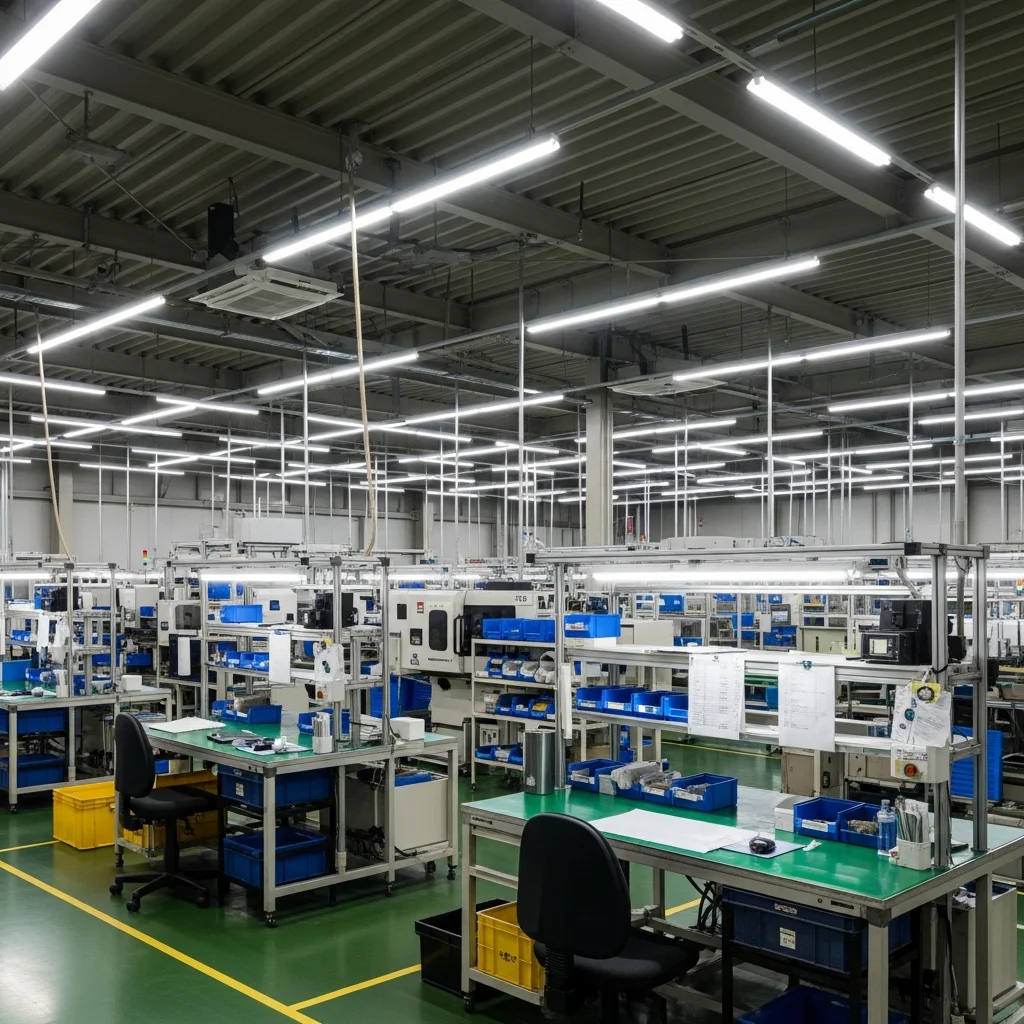 工場・製造ライン LED照明施工事例｜5000K/Ra90高照度＋フリッカーフリーで不良品率34%削減・電力57%削減