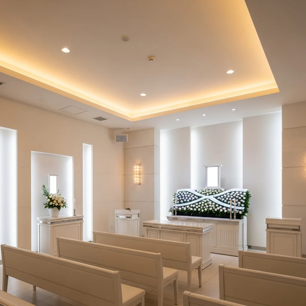 葬儀場・セレモニーホール LED照明施工事例｜Ra90高演色・2700K電球色・82%省エネ・年間49万円削減｜LED PRO SHOP
