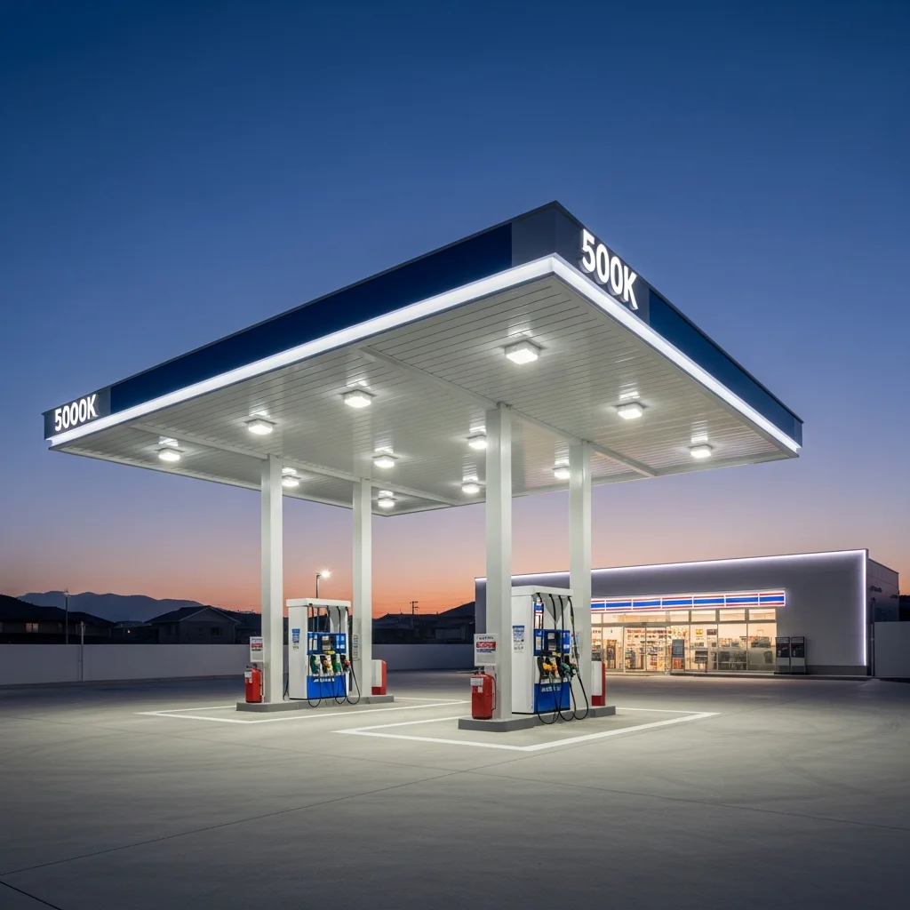 ガソリンスタンド・セルフスタンド LED照明施工事例｜IP65全域・24h対応・65%省エネ・回収2.0年