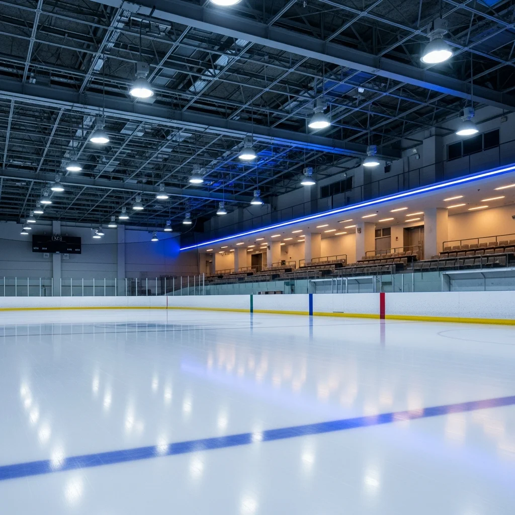 アイススケートリンク・スケート場 LED照明施工事例｜フリッカーレス高天井換装・56%省エネ・年間56万円削減