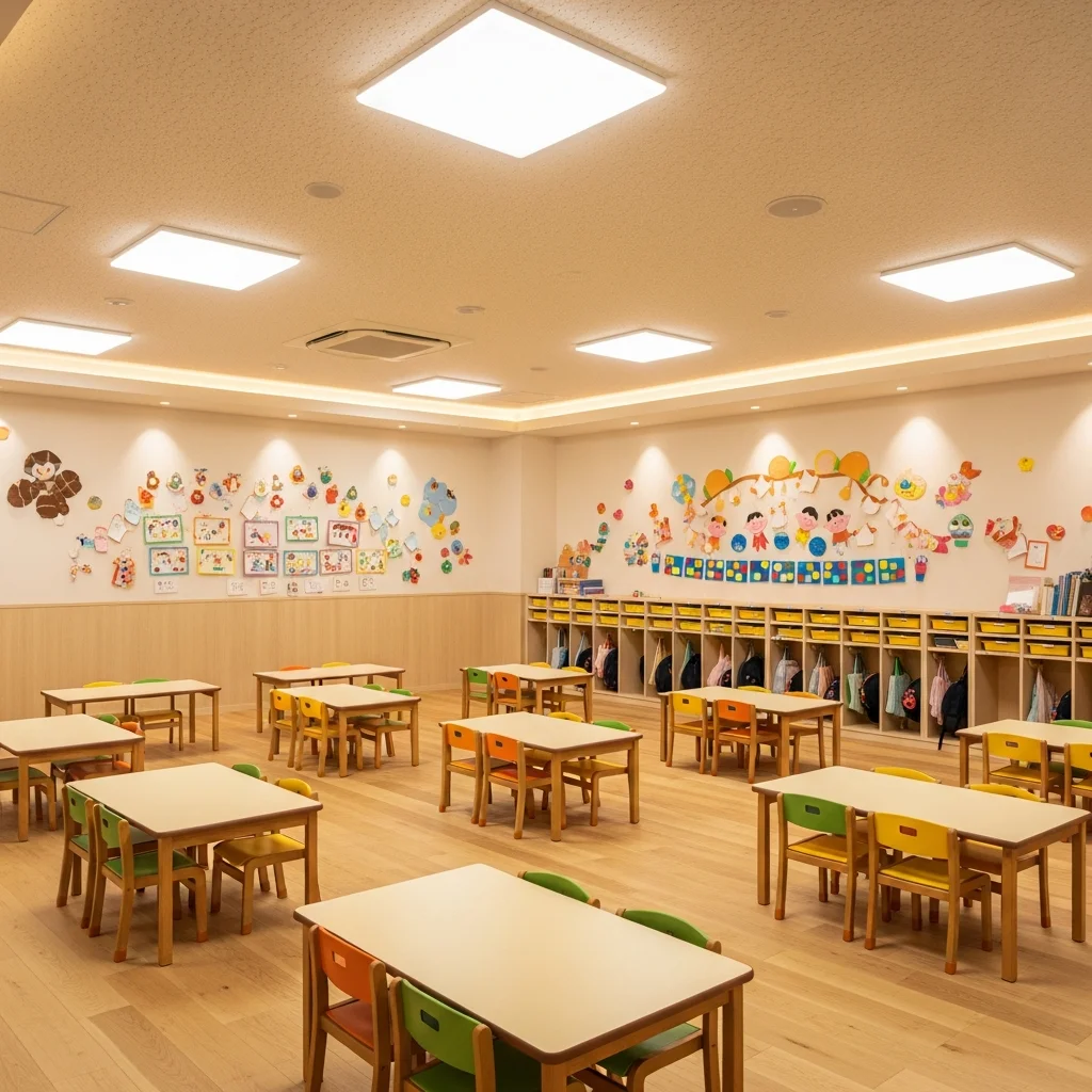 保育園・幼稚園 LED照明施工事例｜4000K/Ra90フリッカーフリー＋調光設計で眼精疲労ゼロ・電力49%削減