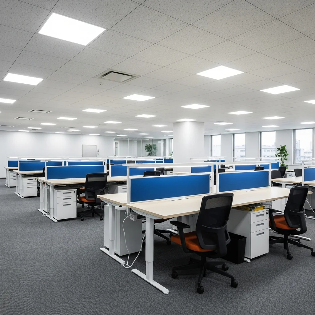 オフィスビル LED照明施工事例｜執務室Ra90/500lx・UGR19以下・54%省エネ・年間210万円削減