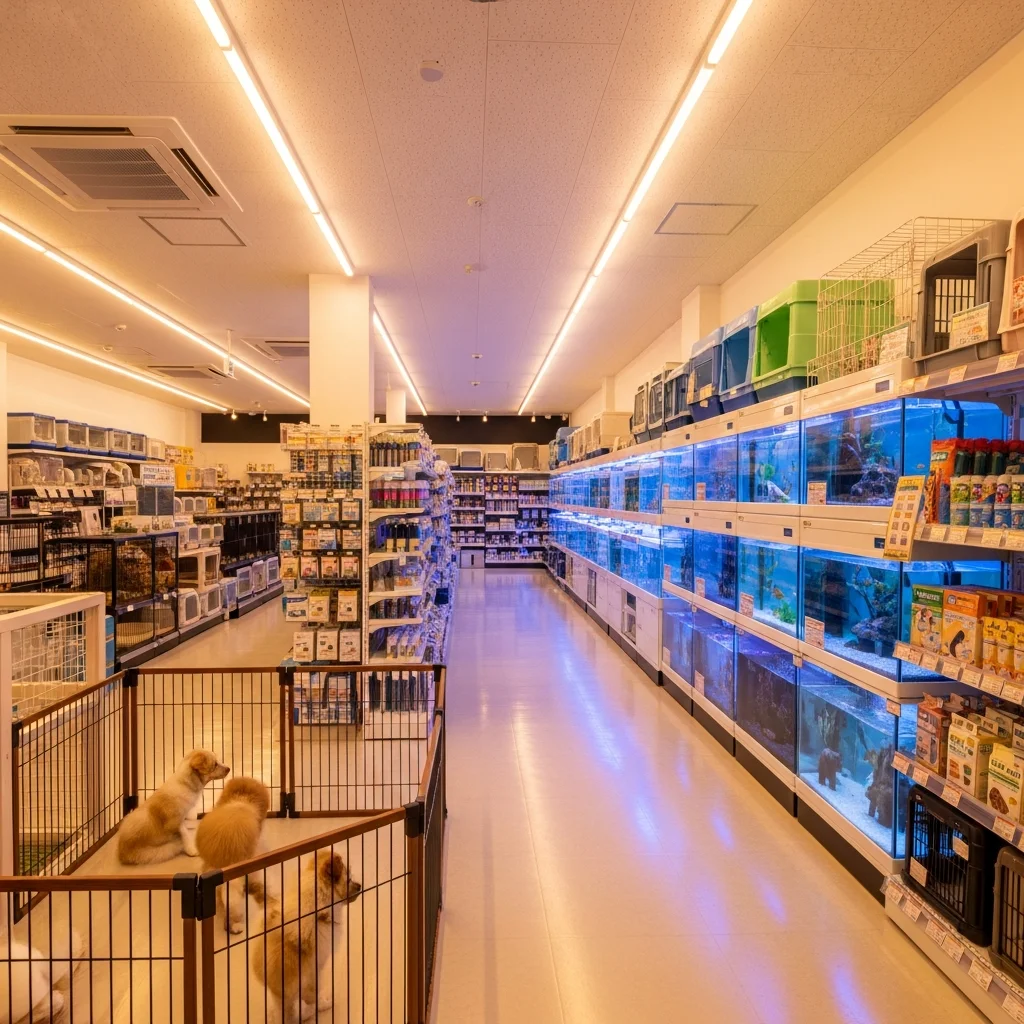 ペットショップ・ペット用品店 LED照明施工事例｜Ra95高演色・45%省エネ・年間75万円削減