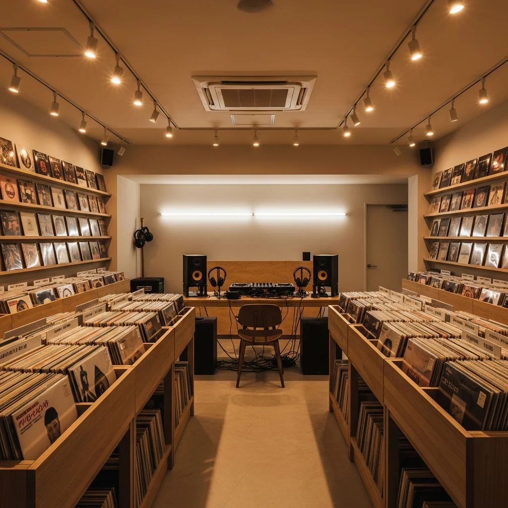 レコード・音楽ショップ LED照明施工事例｜レコード棚Ra92/3000K×試聴ブース2700K×アートワーク演出スポット・41%省エネ・年間12万円削減・投資回収2.9年｜LED PRO SHOP