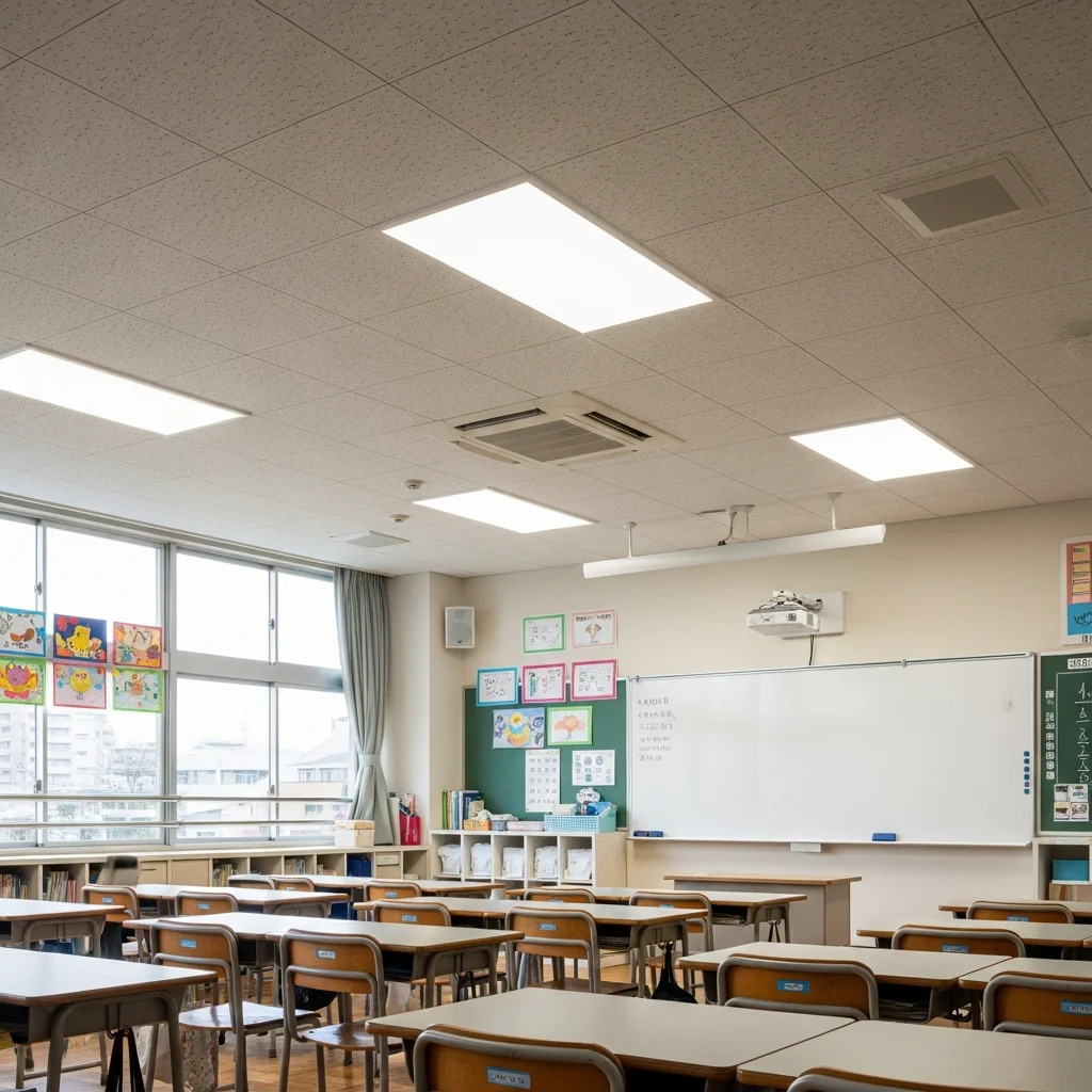 学校体育館 LED照明施工事例｜高天井500lx均一・UGR22以下・60%省エネ・年間65万円削減