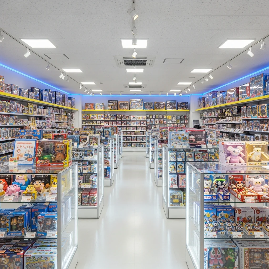 おもちゃ・ホビーショップ LED照明事例｜プラモ塗料Ra95+陳列棚4000K+ショーウィンドウ3000Kで45%省エネ