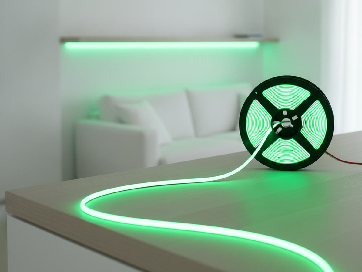 LED COBテープライト24V グリーンのリールと、そこから伸ばして緑に点灯させたテープ