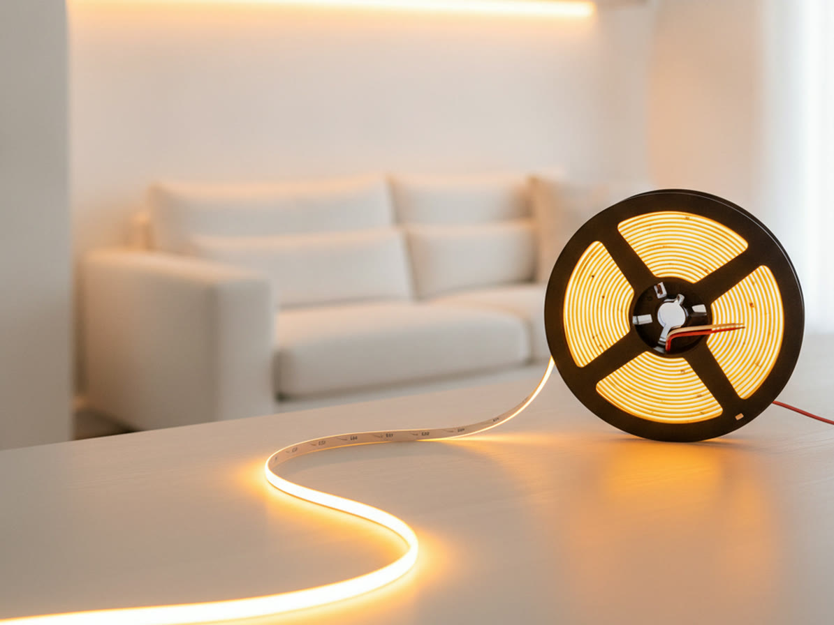 LED COBテープライト24V ゴールドのリールと、そこから伸ばして点灯させたテープ