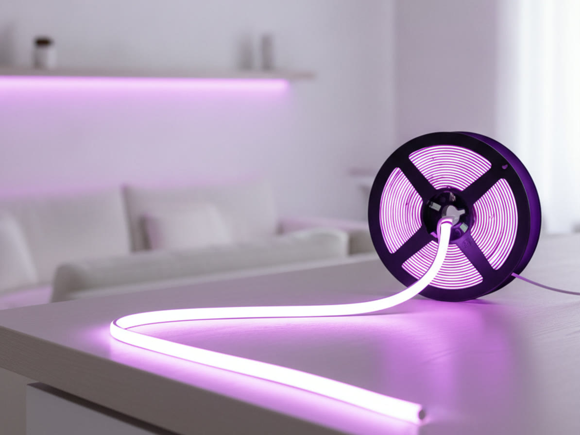 LED COBテープライト24V パープルのリールと、そこから伸ばして紫に点灯させたテープ
