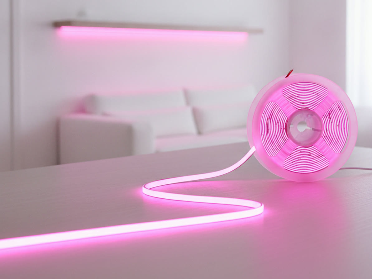 LED COBテープライト24V ピンクのリールと、そこから伸ばしてピンクに点灯させたテープ
