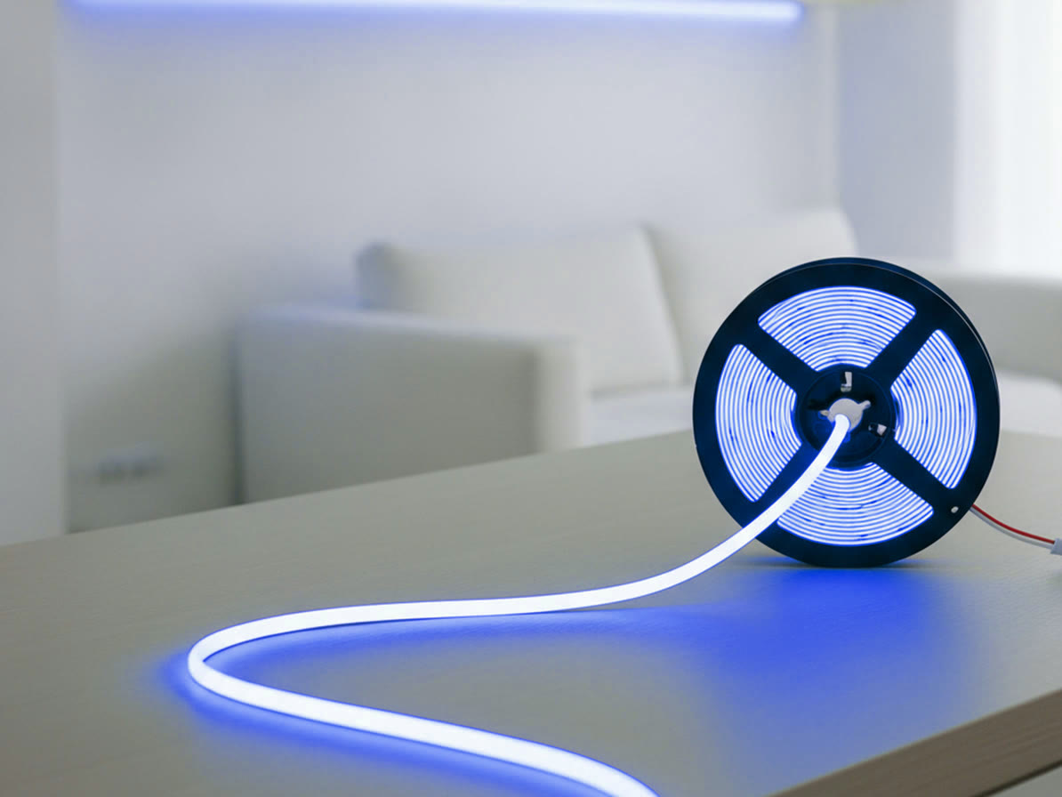 LED COBテープライト24V ブルーのリールと、そこから伸ばして青く点灯させたテープ