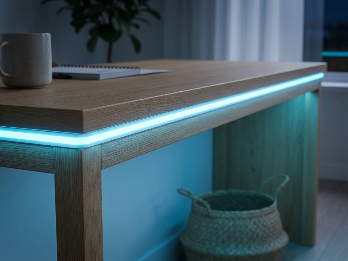 LED COBテープライト24V ライトブルーを木製デスクの天板の縁に貼って水色に点灯させた間接照明の例