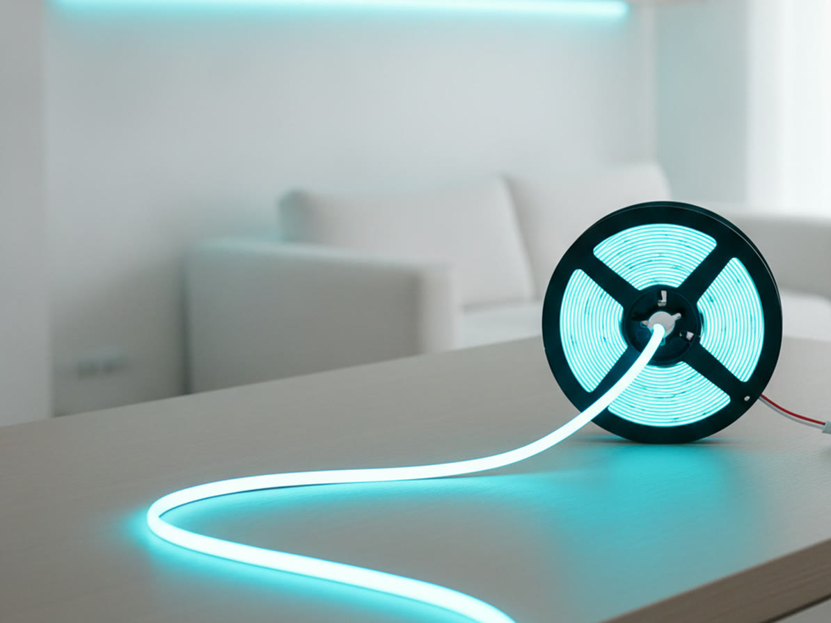 LED COBテープライト24V ライトブルーのリールと、そこから伸ばして水色に点灯させたテープ