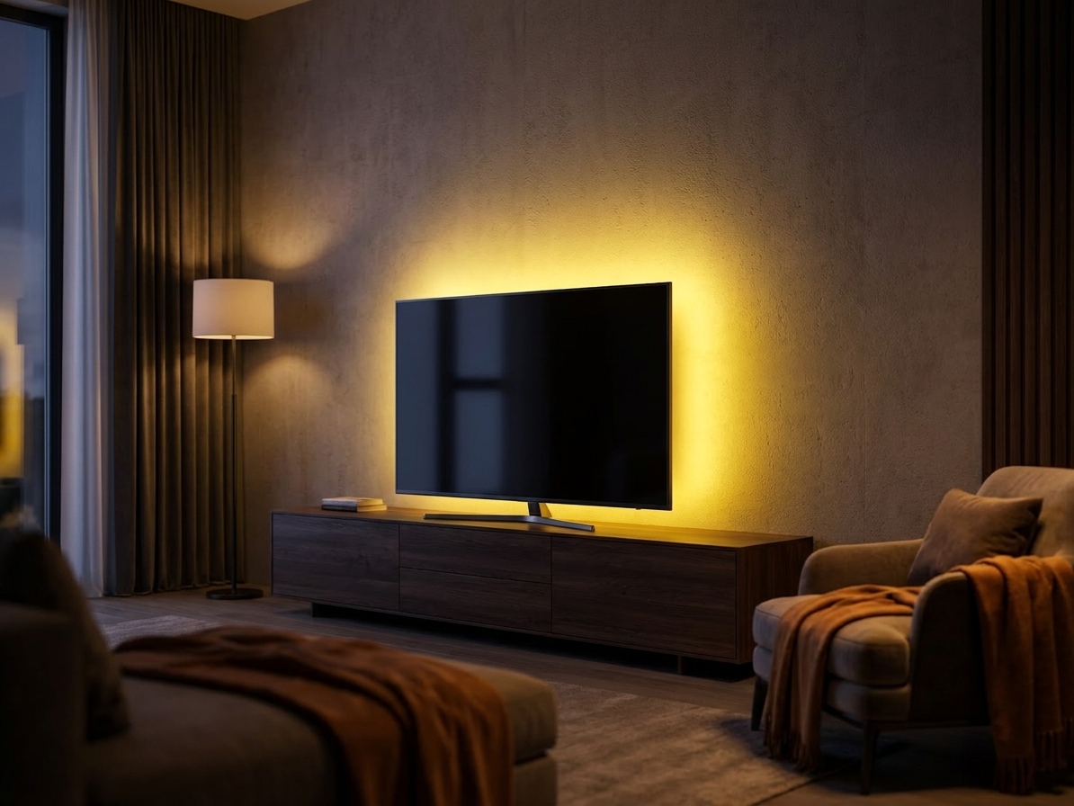 LED COBテープライト24V レモンイエローをリビングの壁掛けテレビの裏に回して黄色く点灯させたバックライトの例