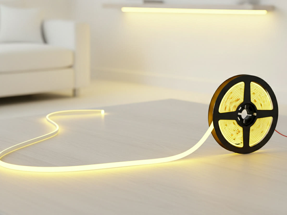 LED COBテープライト24V レモンイエローのリールと、そこから伸ばして黄色く点灯させたテープ