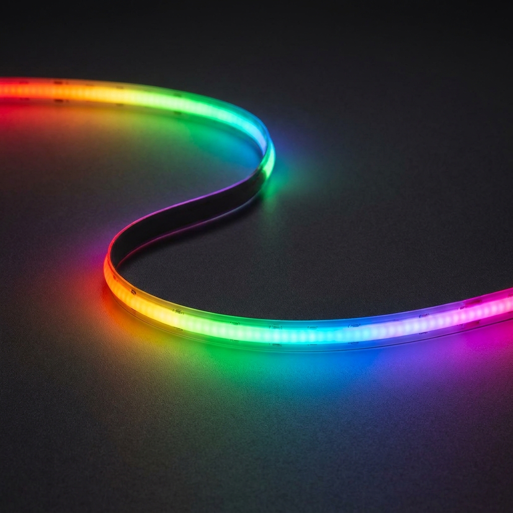 【RGB】LED COBテープライト24Vを点灯させたテープの近接。1本の中で赤から緑・青・紫へ色が変わっている