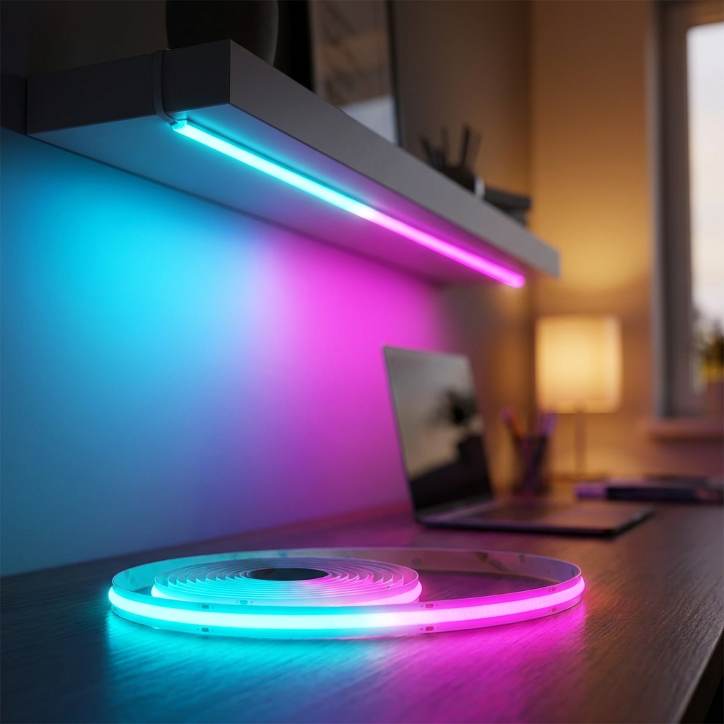 【RGB】LED COBテープライト24Vを壁棚の下に取り付けて点灯させた例と、机の上に置いたリール
