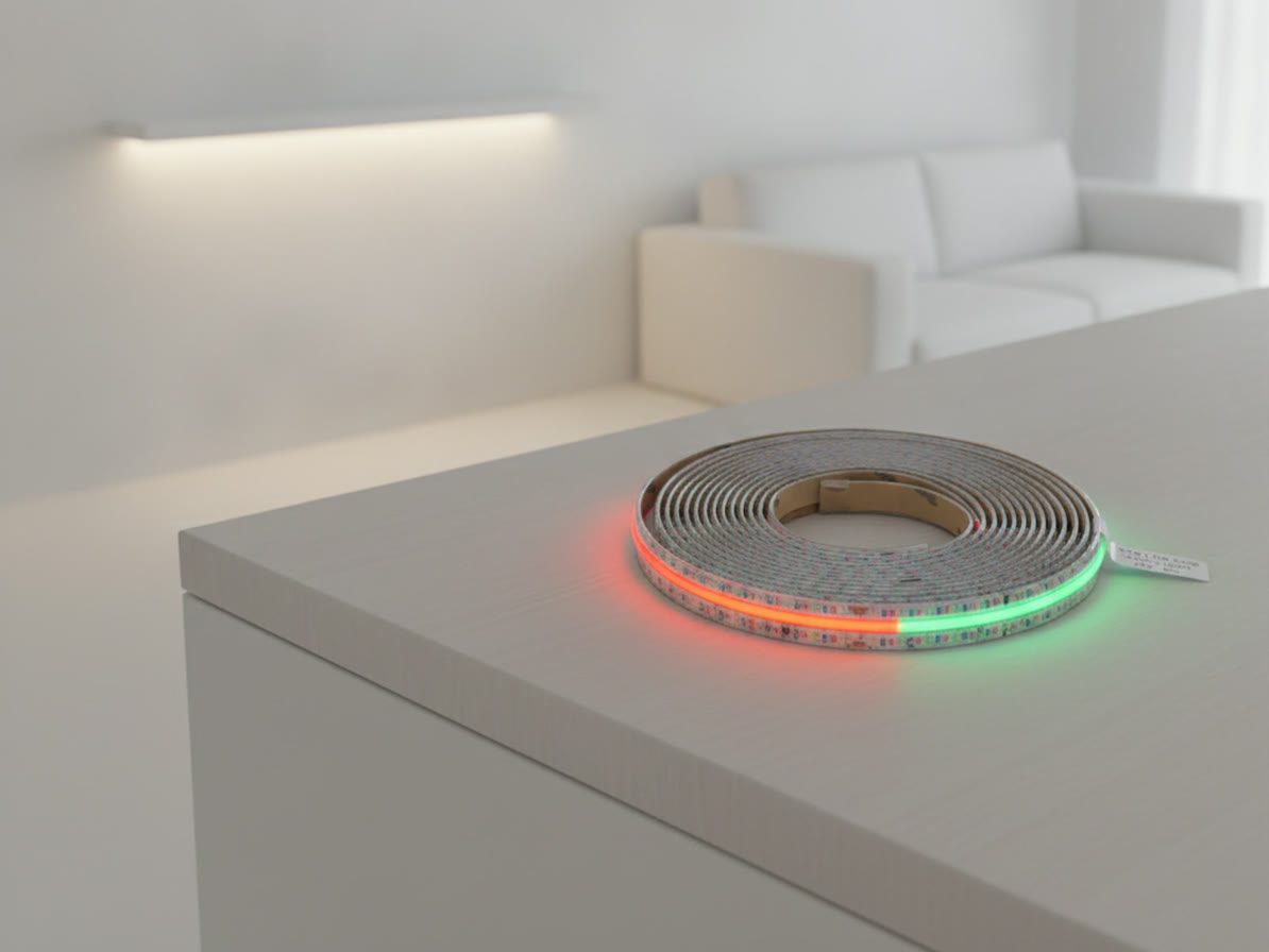 【RGB】LED COBテープライト24Vのリールを点灯させた様子。同じ1本が赤と緑に光っている