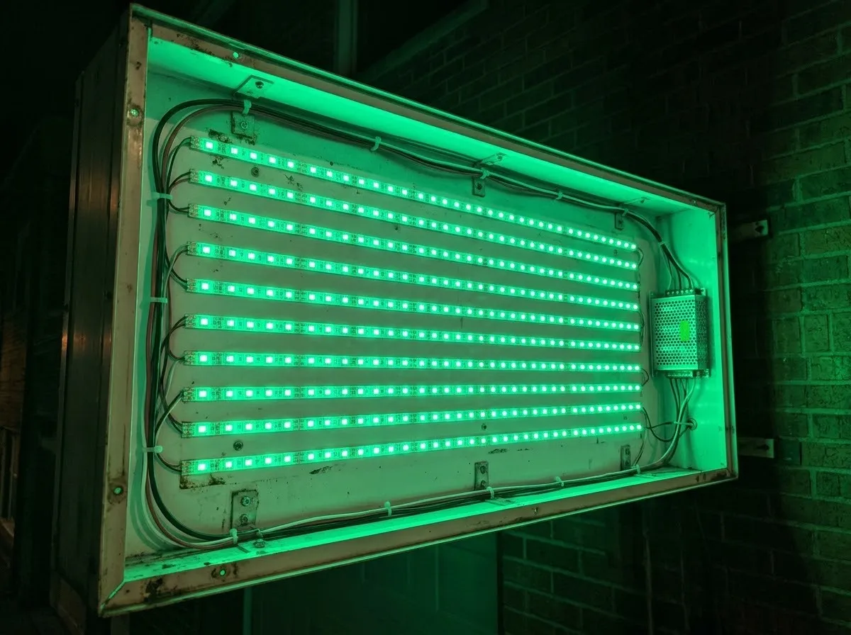 看板の箱の中にグリーンのLEDテープを何列も並べて光らせたイメージ