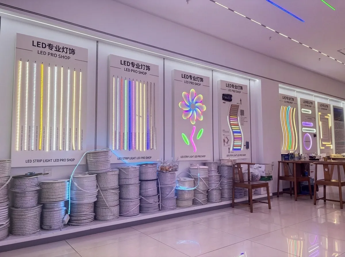 ショールームの店内。LEDテープの展示パネルと在庫のリール